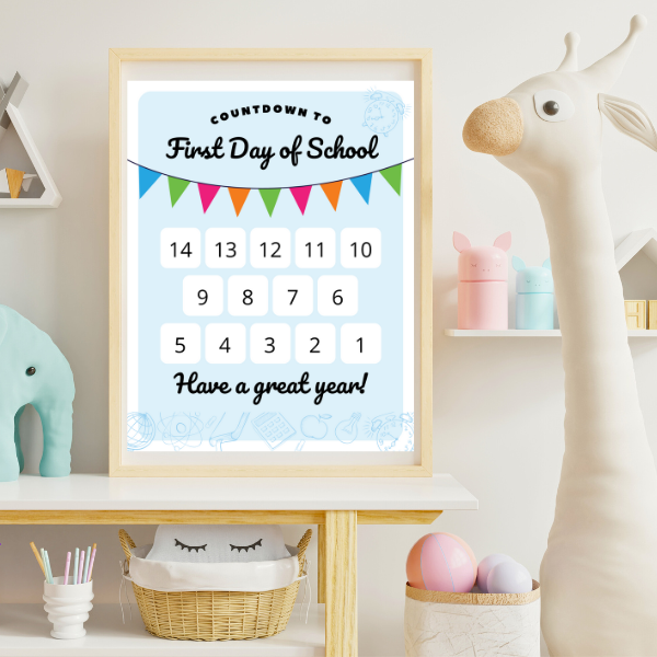 countdown to the first day of school in a wood photo frame