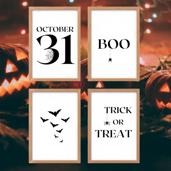 halloween 8.5" x 11" black and white home decor art set print, set of 4 with october 31, boo, bats and trick or treat
