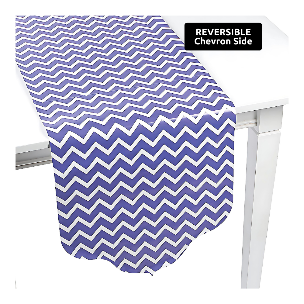 purple and white reversible paper tablerunner in chevron and polka dot patterns