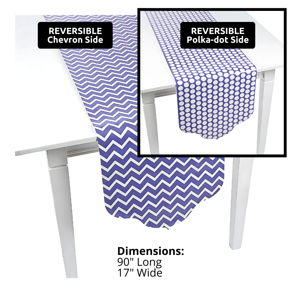 purple and white reversible paper tablerunner in chevron and polka dot patterns