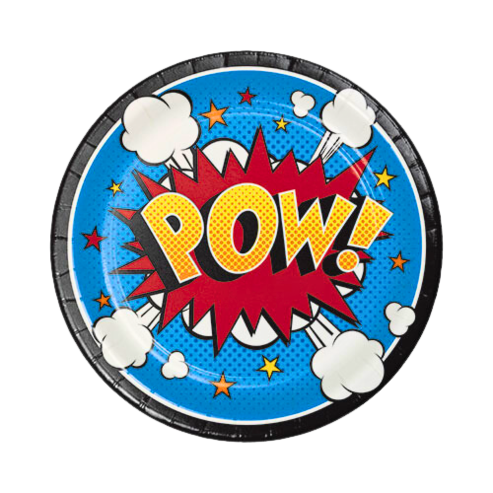 superhero slogan, 7 inch dessert plate with "pow" action word
