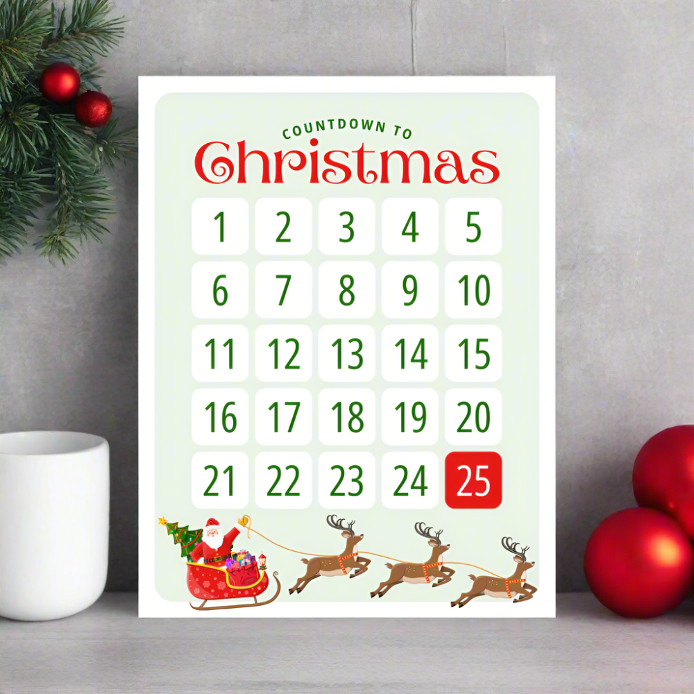 christmas countdown calendar poster on matte cardstock, 8.5" x 11" size with santa's sleigh and reindeer