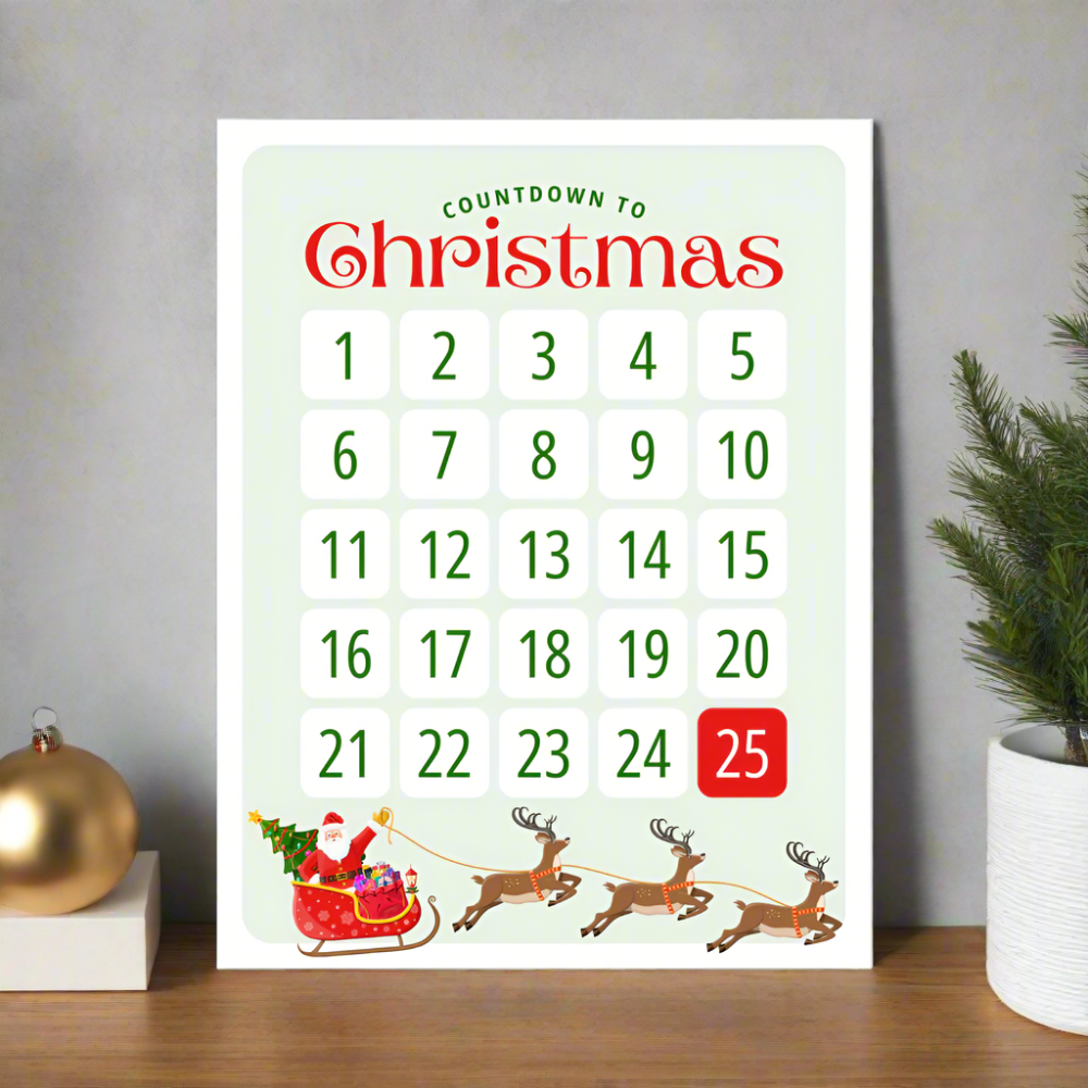 christmas countdown calendar poster on matte cardstock, 8.5" x 11" size with santa's sleigh and reindeer