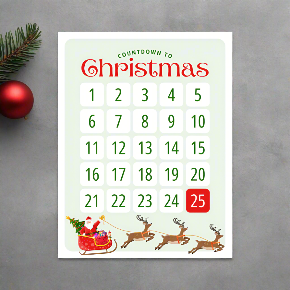 christmas countdown calendar poster on matte cardstock, 8.5" x 11" size with santa's sleigh and reindeer