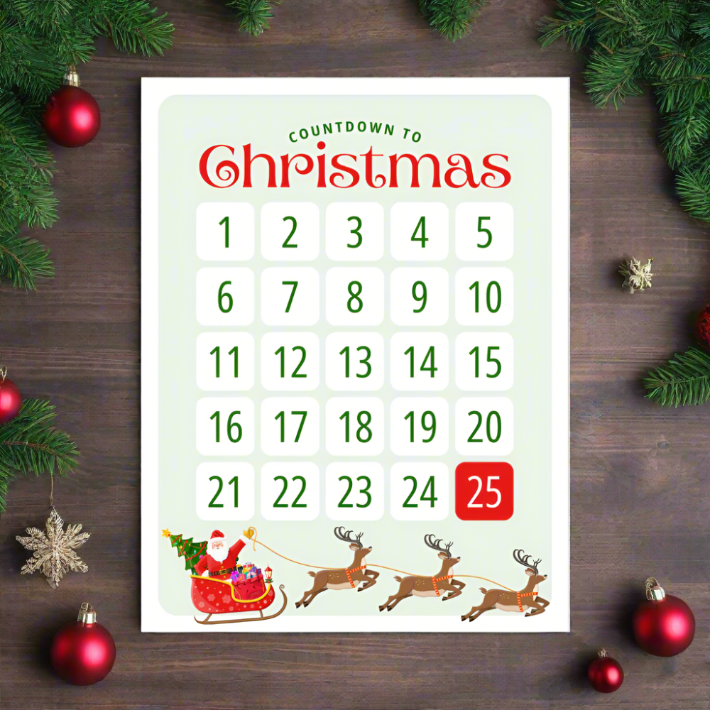 christmas countdown calendar poster to countdown to December 25th, 8.5" x 11" cardstock poster