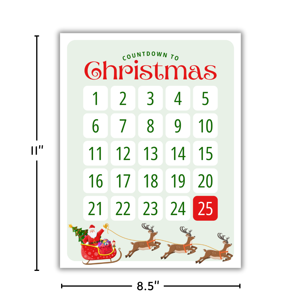 christmas countdown calendar poster on matte cardstock, 8.5" x 11" size with santa's sleigh and reindeer