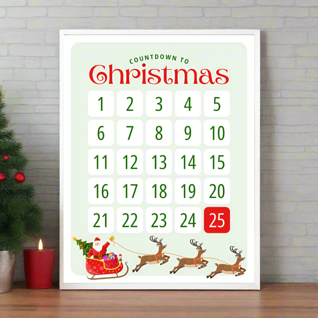 christmas countdown calendar poster on matte cardstock, 8.5" x 11" size with santa's sleigh and reindeer