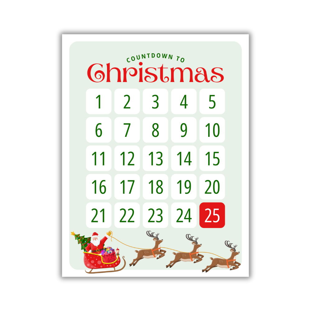 christmas countdown calendar poster on matte cardstock, 8.5" x 11" size with santa's sleigh and reindeer