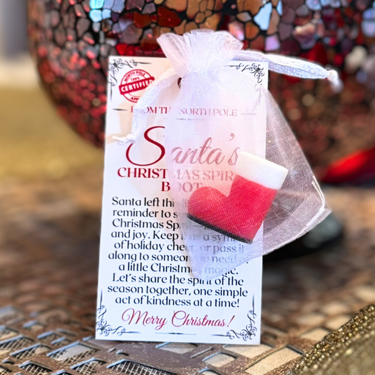 Santa’s Christmas Spirit Boot in a white organza bag with a kindness card, perfect for spreading holiday cheer and Christmas joy.