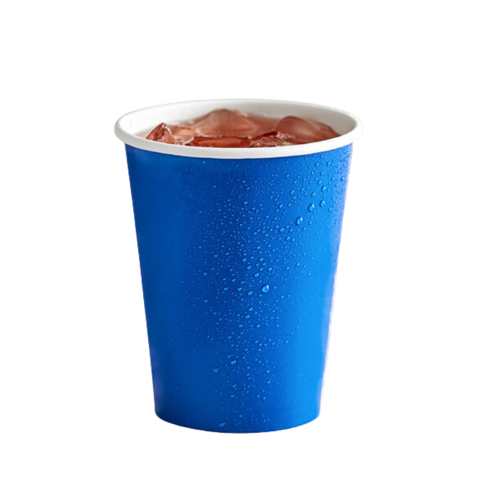 cobalt blue, 9 oz paper party cup for hot and cold drinks filled with ice cold beverage