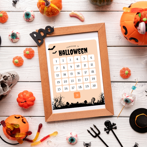 countdown to halloween calendar poster in a frame