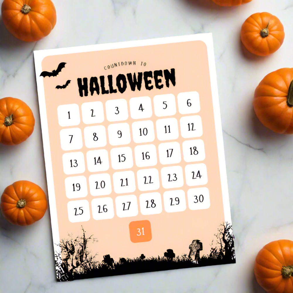 countdown to halloween calendar poster 8.5" x 11" on matte cardstock on counter with pumpkins