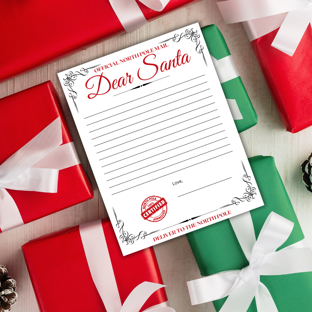 red Dear Santa Letter Templates for kids, write-your-own options, 8.5" x 11" matte cardstock, perfect for creating magical Christmas memories, sending wish lists to Santa, and holiday traditions, north pole mail