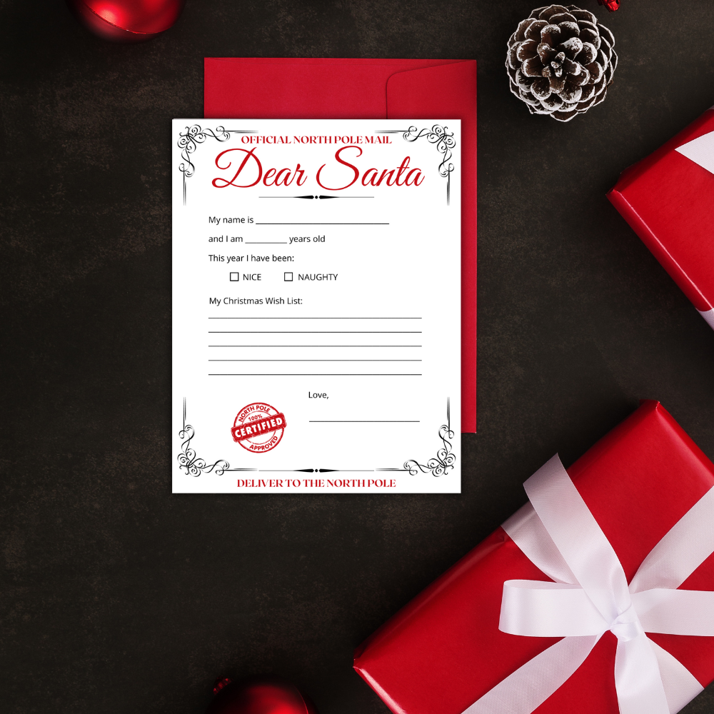 red Dear Santa Letter Templates for kids, fill-in-the-blank, 8.5" x 11" matte cardstock, perfect for creating magical Christmas memories, sending wish lists to Santa, and holiday traditions, north pole mail