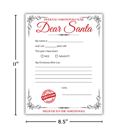 red Dear Santa Letter Templates for kids, fill-in-the-blank options, 8.5" x 11" matte cardstock, perfect for creating magical Christmas memories, sending wish lists to Santa, and holiday traditions, north pole mail