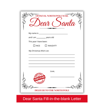 red Dear Santa Letter Templates for kids, fill-in-the-blank, 8.5" x 11" matte cardstock, perfect for creating magical Christmas memories, sending wish lists to Santa, and holiday traditions