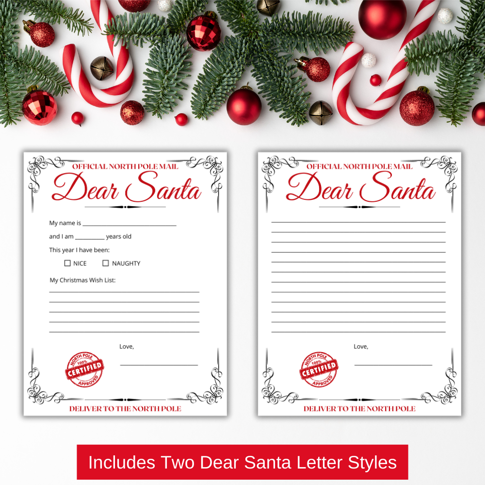 red Dear Santa Letter Templates for kids, fill-in-the-blank and write-your-own options, 8.5" x 11" matte cardstock, perfect for creating magical Christmas memories, sending wish lists to Santa, and holiday traditions, set of 2