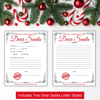 red Dear Santa Letter Templates for kids, fill-in-the-blank and write-your-own options, 8.5" x 11" matte cardstock, perfect for creating magical Christmas memories, sending wish lists to Santa, and holiday traditions, set of 2