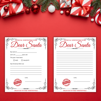 red Dear Santa Letter Templates for kids, fill-in-the-blank and write-your-own options, 8.5" x 11" matte cardstock, perfect for creating magical Christmas memories, sending wish lists to Santa, and holiday traditions