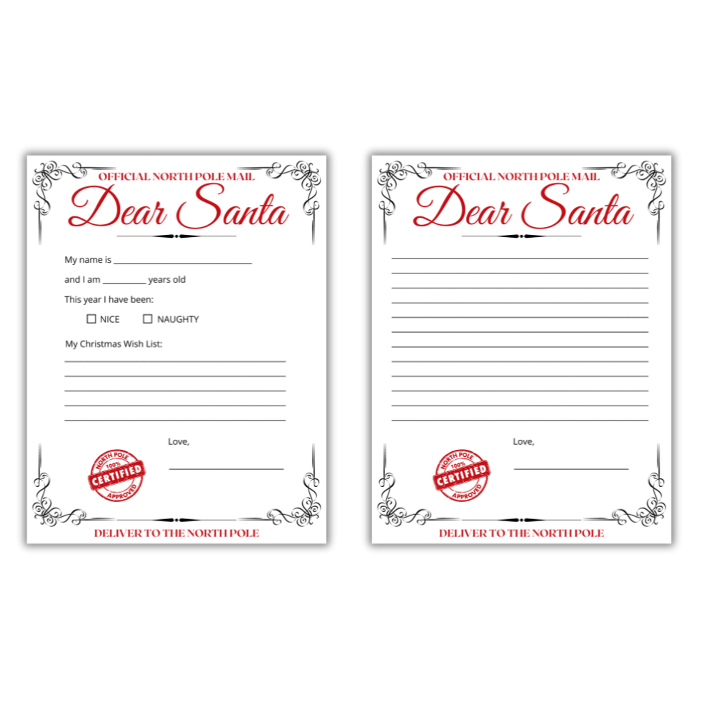 red Dear Santa Letter Templates for kids, fill-in-the-blank and write-your-own options, 8.5" x 11" matte cardstock, perfect for creating magical Christmas memories, sending wish lists to Santa, and holiday traditions