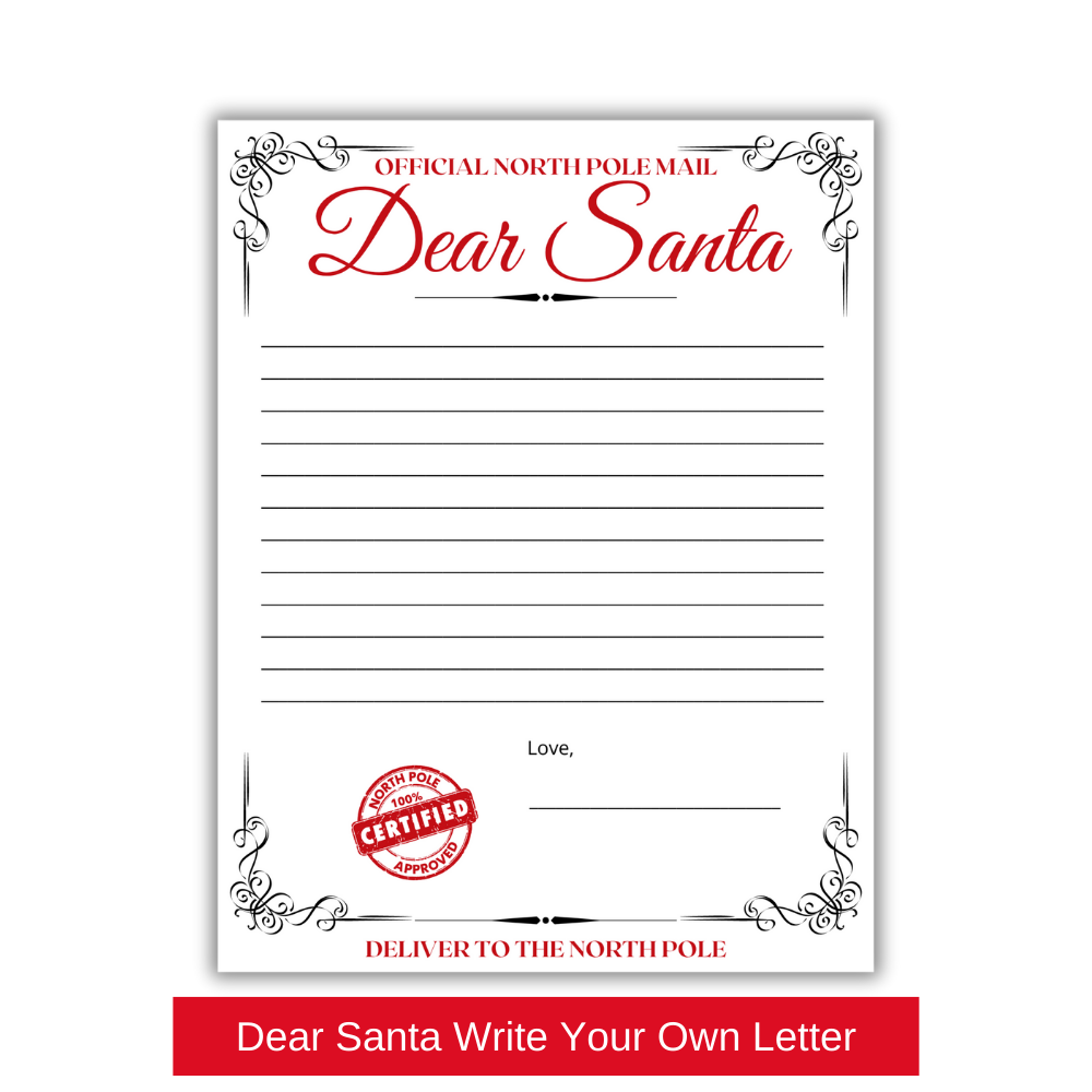 red Dear Santa Letter Templates for kids, write-your-own options, 8.5" x 11" matte cardstock, perfect for creating magical Christmas memories, sending wish lists to Santa, and holiday traditions, north pole mail