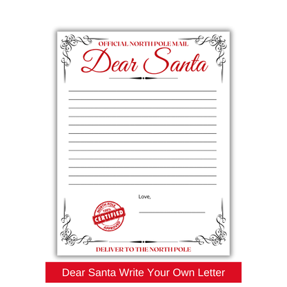 red Dear Santa Letter Templates for kids, write-your-own options, 8.5" x 11" matte cardstock, perfect for creating magical Christmas memories, sending wish lists to Santa, and holiday traditions, north pole mail