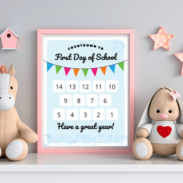 countdown to the first day of school in a pink photo frame