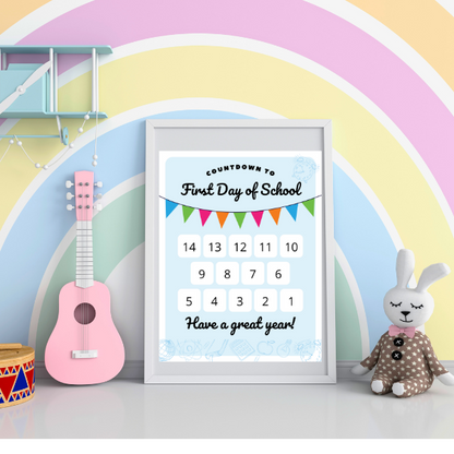 countdown to the first day of school in a white photo frame