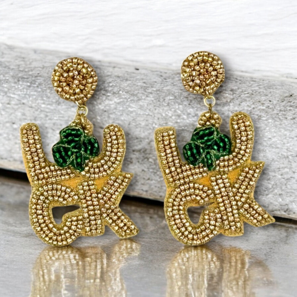 Lightweight gold beaded good luck earrings, perfect for all-day wear ad st. patty's day celebration