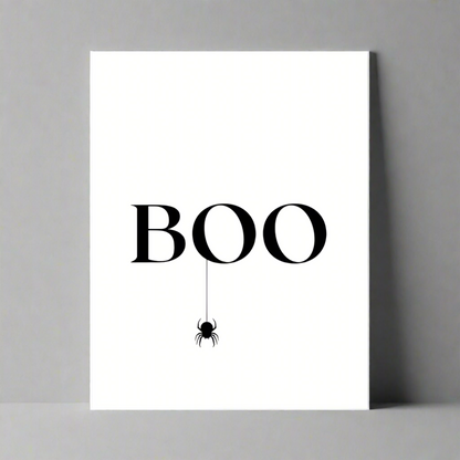 halloween home decor art print with "boo" and hanging spider, black and white art