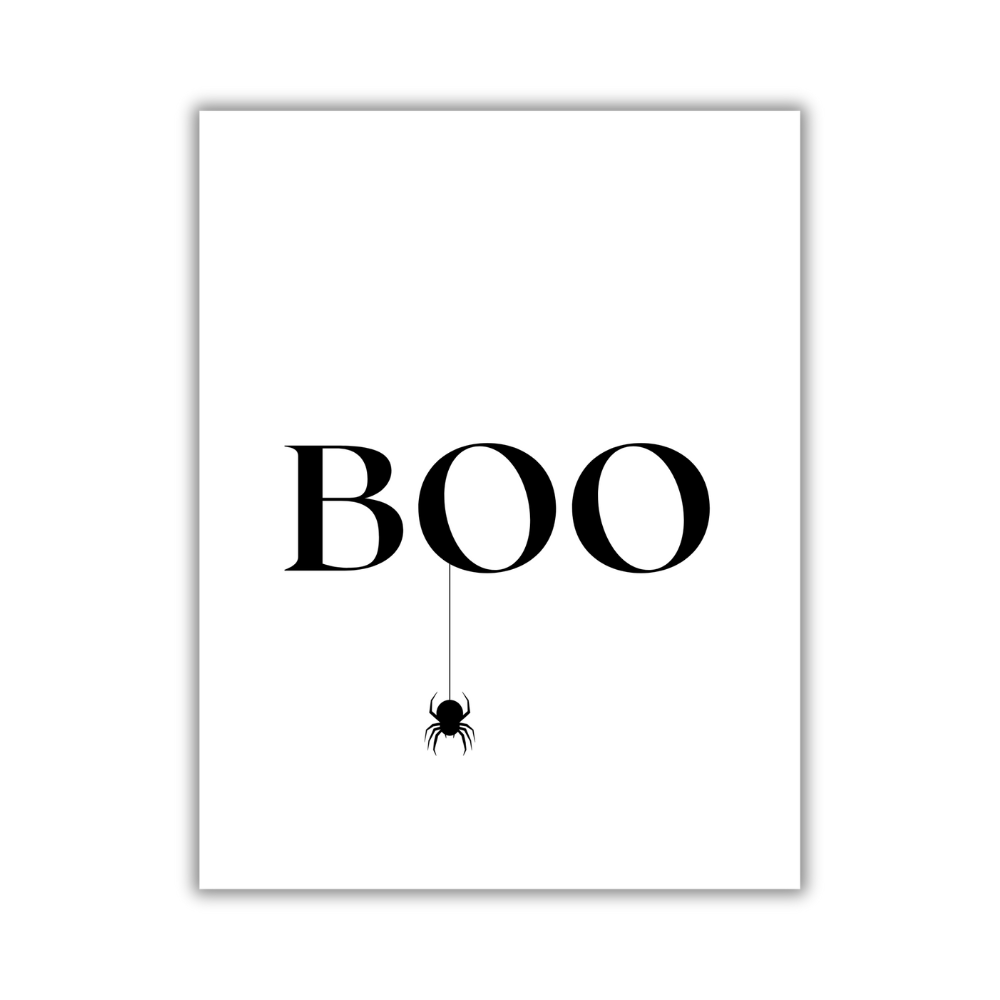 halloween home decor art print black and white themed "boo" with hanging spider