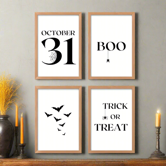 halloween black and white contemporary wall art set of 4, October 31, Boo, Bats, Trick or Treat