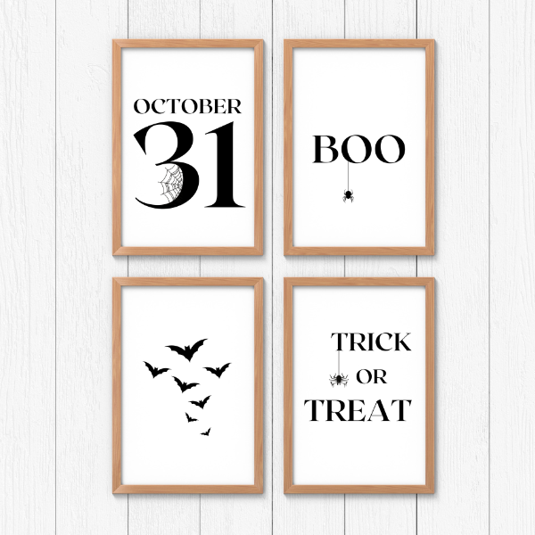 halloween 8.5" x 11" black and white home decor art set print, set of 4 with october 31, boo, bats and trick or treat