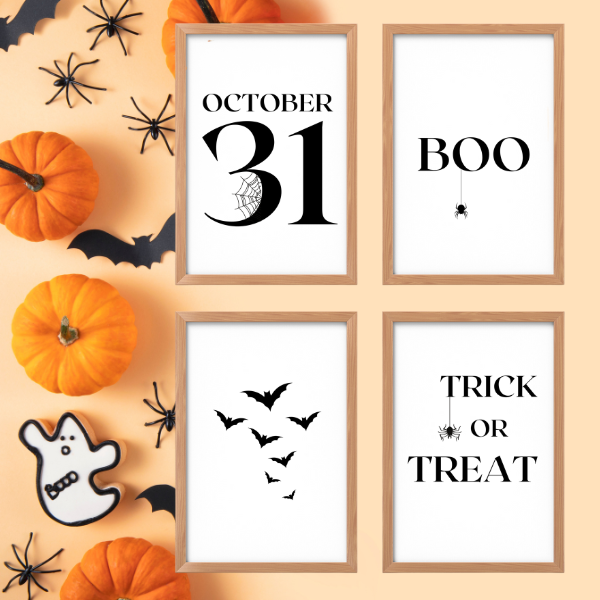 halloween 8.5" x 11" black and white home decor art set print, set of 4 with october 31, boo, bats and trick or treat