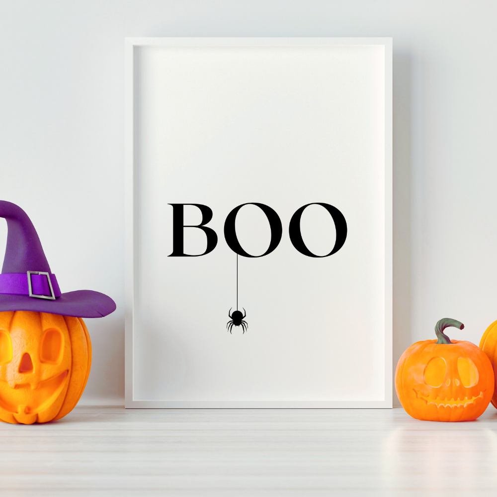 halloween home decor art print black and white themed "boo" with hanging spider