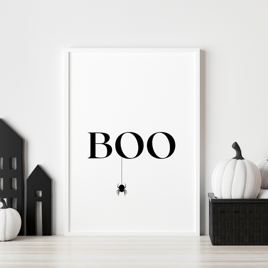 halloween wall decor art print in black and white contemporary print with "boo" and hanging spider