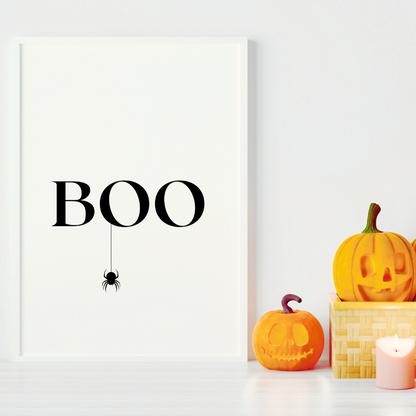 halloween home decor art print black and white themed "boo" with hanging spider