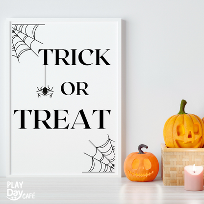 contemporary, black and white halloween trick or treat wall art print in frame