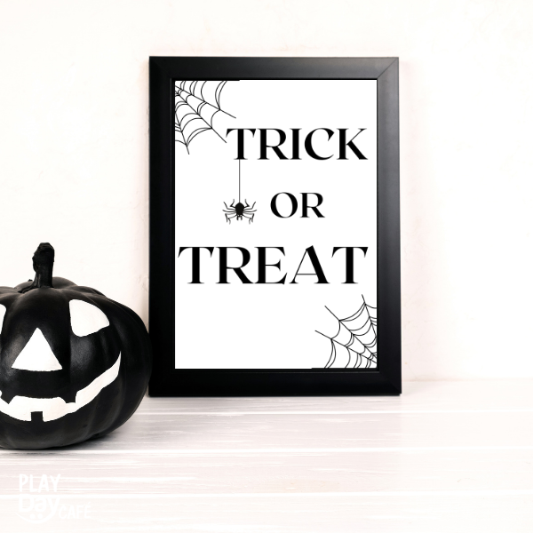 contemporary, black and white halloween trick or treat wall art print in frame