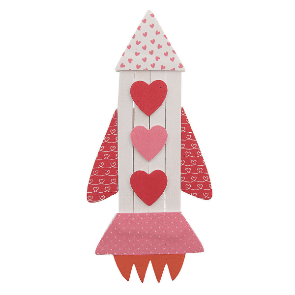 Large valentine's day rocketship craft with hearts made of foam and craft sticks