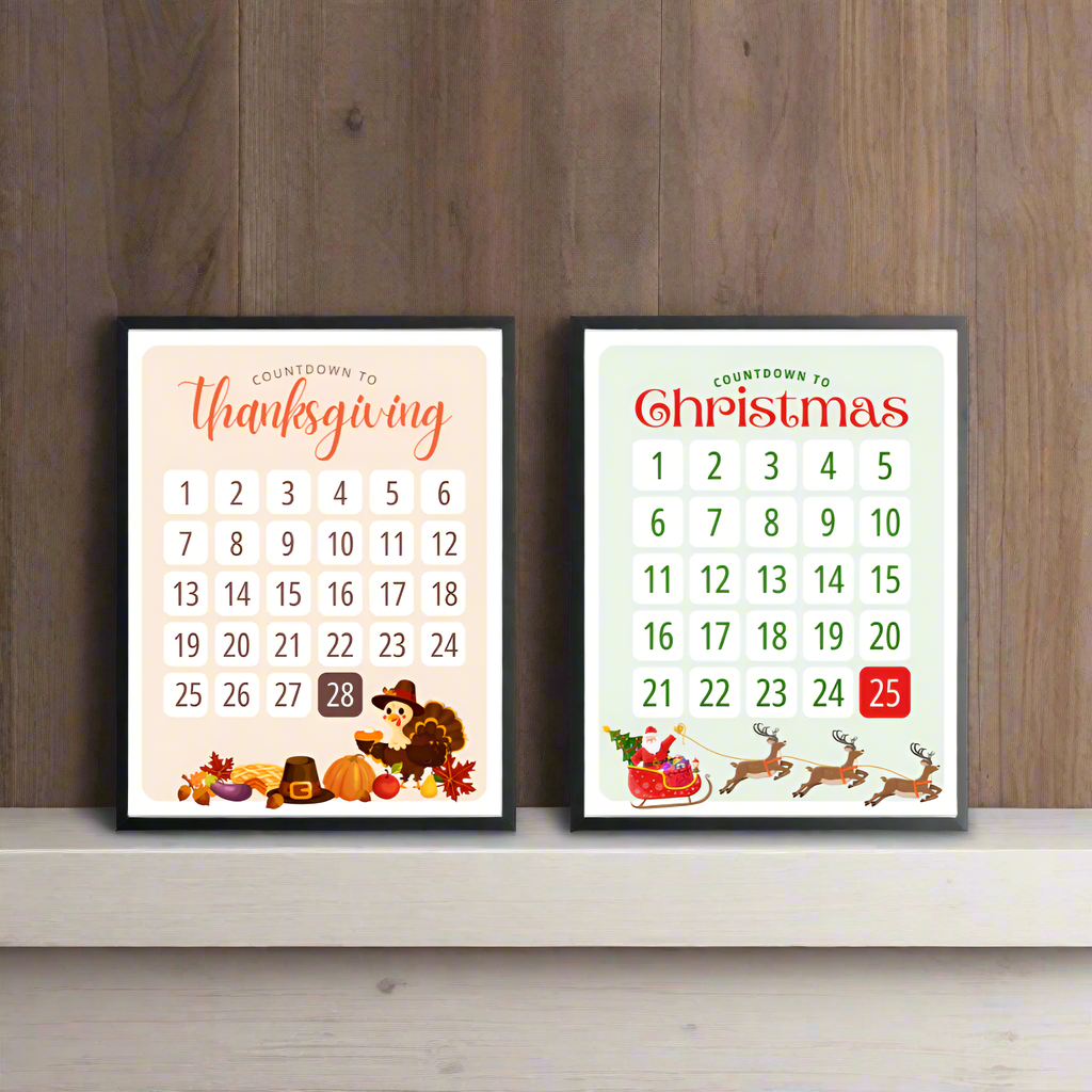 holiday countdown for kids, set of 2 posters 8.5" x 11", thanksgiving countdown, christmas countdown set