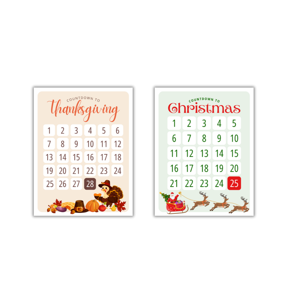 holiday countdown poster set for thanksgiving countdown and christmas countdown, size 8.5" x 11" posters on matte cardstock