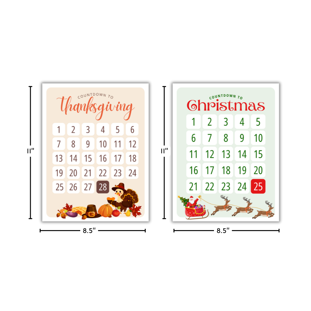 holiday countdown for kids, set of 2 posters 8.5" x 11", thanksgiving countdown, christmas countdown set