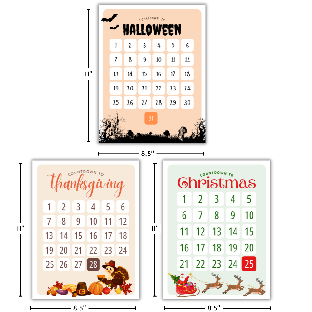 holiday countdown calendar poster bundle with halloween, thanksgiving, christmas, size 8.5" x 11" on matte cardstock