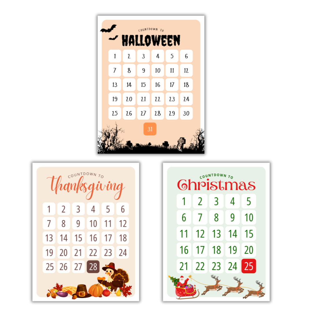 holiday countdown calendar poster bundle with halloween, thanksgiving, christmas