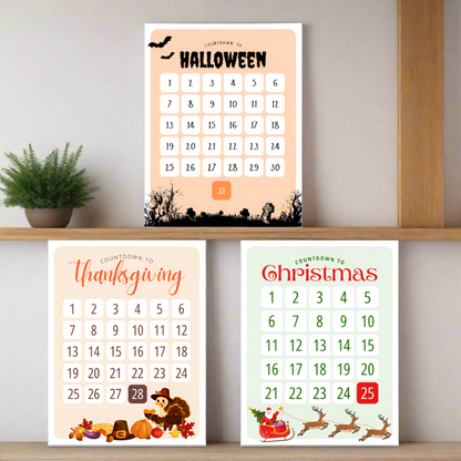 holiday countdown calendar poster bundle with halloween, thanksgiving, christmas