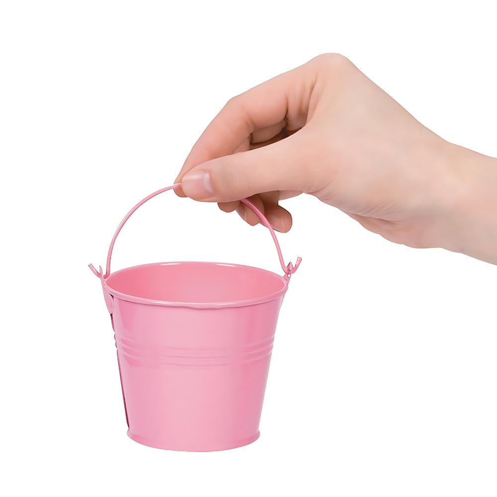Mini pink metal party favor pail for princess birthday party or baby shower