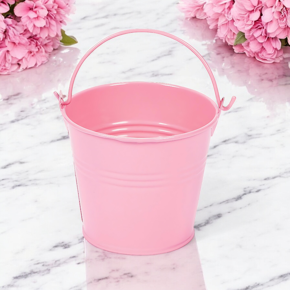 Mini Pink Metal Favor Pail - 3 inch Party Favor Bucket for Baby Showers, Princess Parties, Bridal Showers, Small Gift Containers and Table Decor