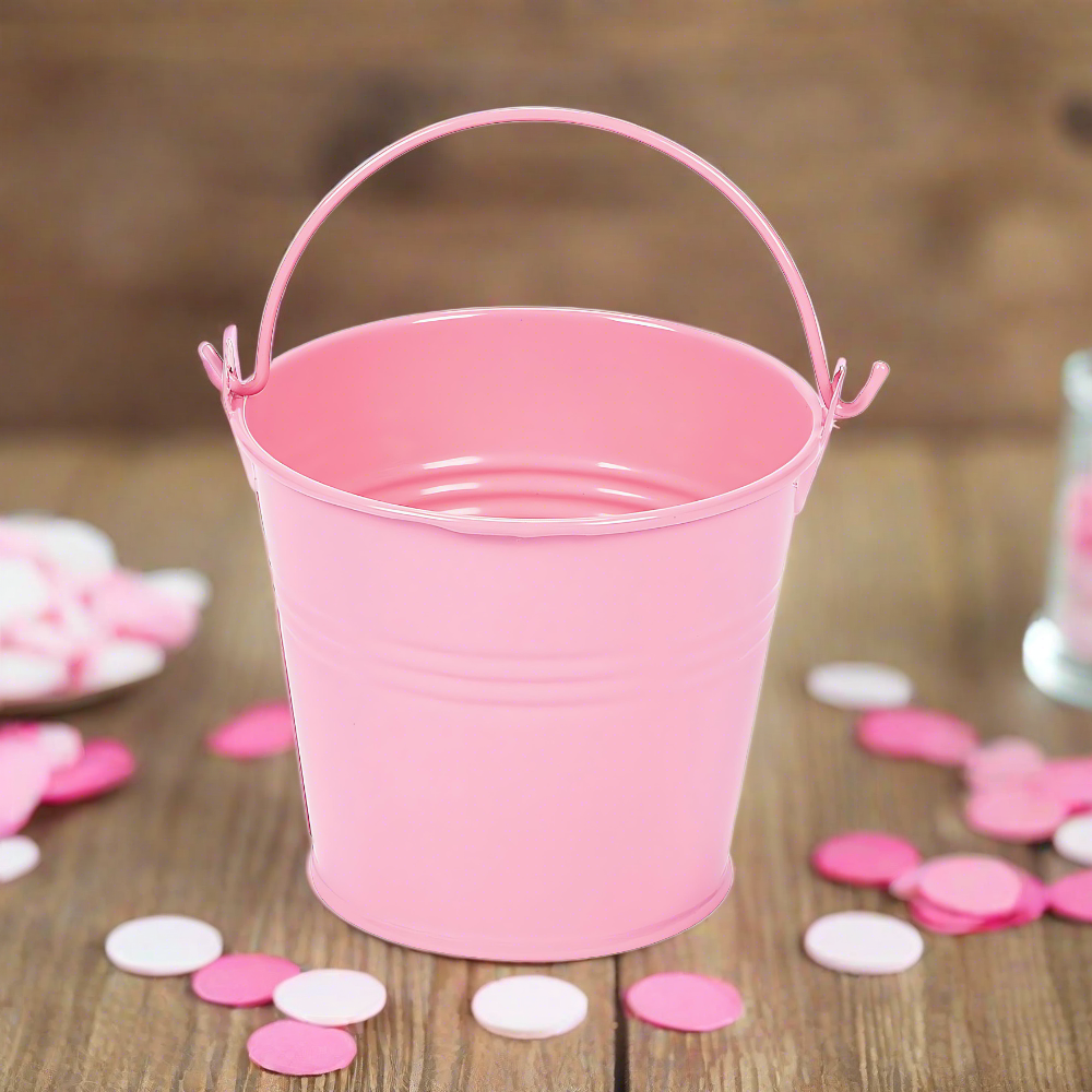 mini pink metal party favor pail for princess birthday party or baby shower