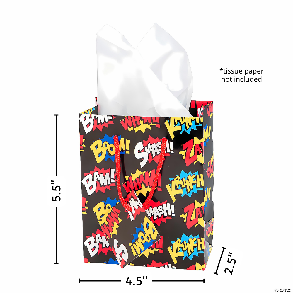 mini superhero slogans birthday party favor treat bags, krunch, bam, boom, zap size and dimensions